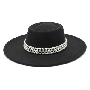 Elegant Wide Brim Wool Felt Fedora Hat With Artificial Pearl Bead Band Hepburn Style Vintage Boater Cap For Women Church Party