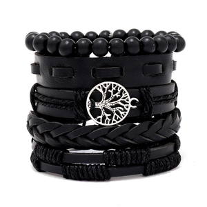 Multilayer black bead and leather bracelet set with silver Tree of Life charm pendant