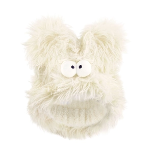 Close-up of white plush bunny ear headband featuring cute big eyes for skincare