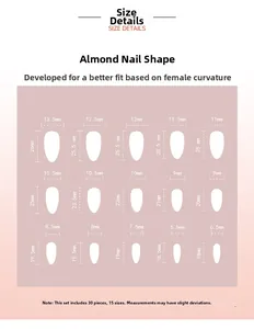 Size chart for almond shaped press-on nails showing 15 different sizes and dimensions
