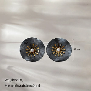 Detail view of 42mm floral earrings showing stainless steel material and 8.9g weight