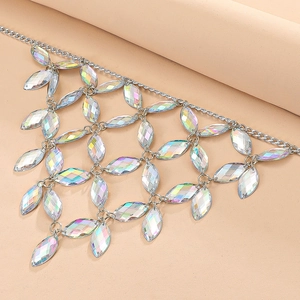 Close-up of sparkling AB crystal tassel body chain with marquise rhinestones