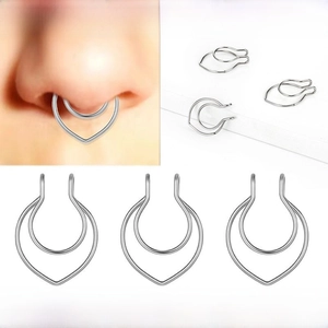 Macro detail of a double-layered stainless steel teardrop nose ring for non-pierced wear
