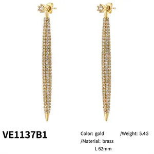 Exaggerated 18K gold plated long bar stud earrings with micro-set cubic zirconia