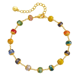 Summer beach beaded bracelet with multi-color faceted glass gems and 18K gold plating