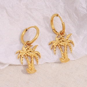 Detailed close-up of 18K gold plated stainless steel coconut tree pendant earrings