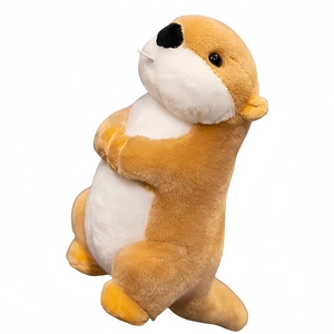 Cute brown and white groundhog plush toy standing against a clean white background