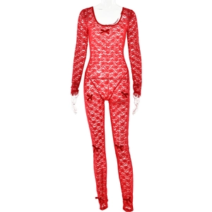 Detail of red floral lace bodysuit featuring delicate bow accents and sheer texture