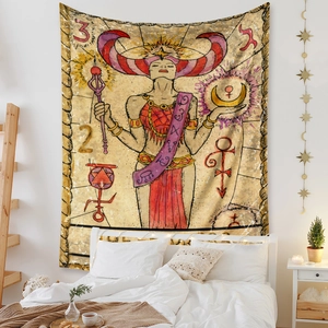 Detail view of Bohemian tarot tapestry featuring mystical goddess and rustic parchment texture