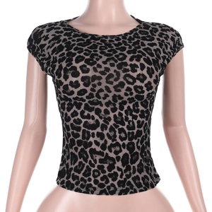 Close-up of leopard print mesh fabric on slim-fit short sleeve T-shirt for women
