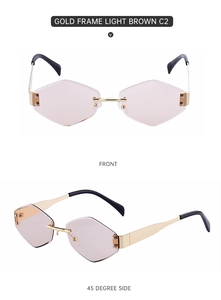 Front and side view of rimless hexagonal sunglasses with gold frame and brown lenses