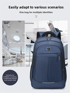 Detail view of navy blue business laptop backpack showing mesh handle and travel scenarios