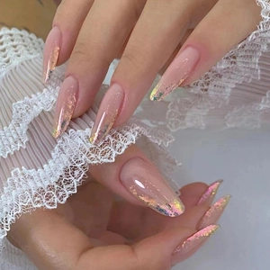 Press On Nails Long Almond Shape French Tip Gradient Nude Pink Colorful Glitter Artificial Fake Nails For Women Manicure