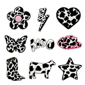 Embroidery Patches Cow Print Black And White Iron On Appliques For Clothing Heart Lightning Shape Fabric Decorative