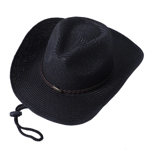 Chapeau de cowboy classique en paille noire avec ruban en cuir tressé et mentonnière