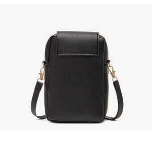 Detail of small black woven phone bag with gold hardware and smooth PU leather texture