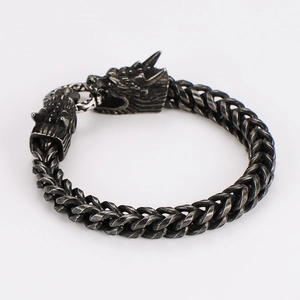 Retro stainless steel dragon head braided bracelet for men with vintage silver finish
