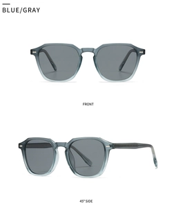 Detailed front and side views of blue gray matte polarized sunglasses with round frames
