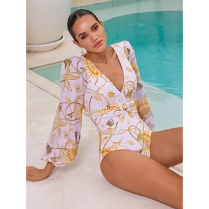 Long-sleeve starfish print one-piece swimsuit with V-neck and decorative waist buckle