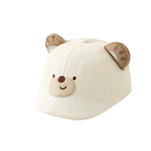Cute baby bear beret with 3D ears and cartoon embroidery on cream breathable cotton fabric