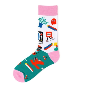 Macro shot of retro pixel art patterns on high-quality knit cotton mid-calf socks