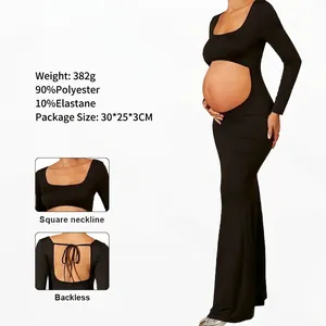 Maternity Dress Long Sleeve Square Neck Backless Hollow Out Belly Bodycon Solid Color Polyester Elastane