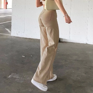 Women high waisted khaki wide leg trousers showing side back fit and silhouette