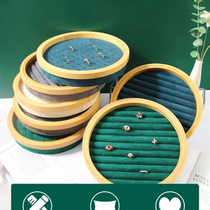 Round bamboo jewelry display trays with colorful velvet lining for rings and earrings