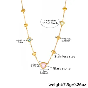 Detailed dimensions of heart charm necklace with glass stones and 18k gold plating
