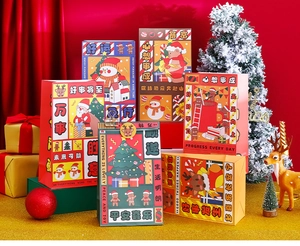 Close-up of festive Christmas paper gift bags with various holiday prints on red background