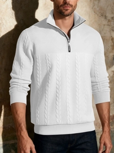 Close-up of white half-zip knit sweater featuring cable and geometric stitching details