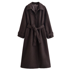 Dark brown wool-feel long coat with notch lapel and matching waist belt tie