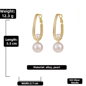 Detailed size specifications for gold geometric faux pearl earrings with 925 silver needles