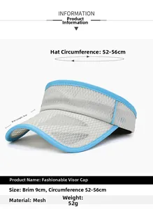Detail of mesh sun hat showing 9cm brim and 52-56cm adjustable size specifications