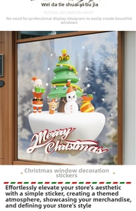 Close-up of 3D Santa and reindeer static window decals for Christmas shop displays