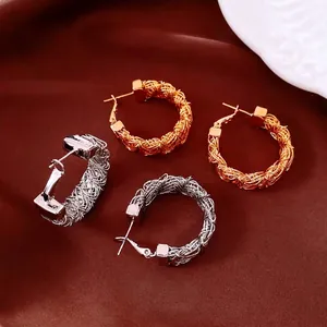 Copper Hoop Earrings With Silver Earring Post Woven Braided Texture Minimalist Retro Style For Women