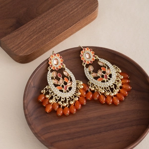 Bohemian orange beaded tassel drop earrings with gold alloy and sparkling rhinestones