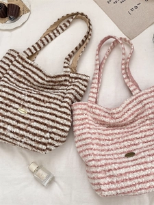 Striped Plush Tote Bag Soft Sherpa Fleece Large Capacity Fabric Handbag Casual Autumn Winter Shoulder Bag For Women