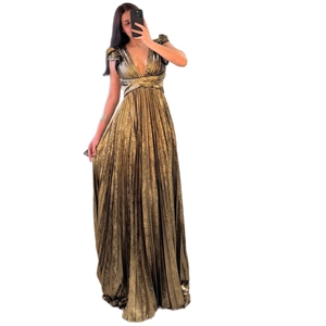 Elegant gold metallic deep V-neck backless pleated long dress with high waist design