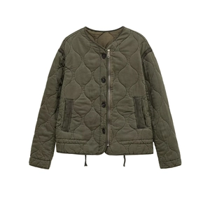 Army green quilted jacket for women with long sleeves and zipper closure in military style