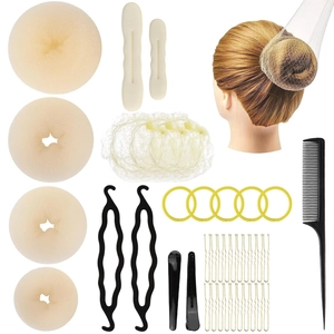 Comprehensive hair styling set including foam bun maker, hair ties, and clips on white backdrop