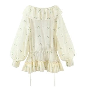 Camicetta in chiffon beige con ricami floreali, scollo a V con volant e orlo elastico