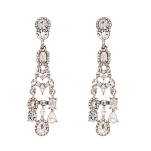 Elegant silver tassel earrings with sparkling geometric rhinestones on a white background