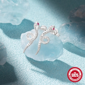 Exquisite 925 sterling silver snake earrings with red zircon eyes and white micro-set stones