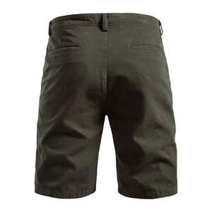 Macro view of olive green cotton twill shorts showing rear pockets and stitching detail