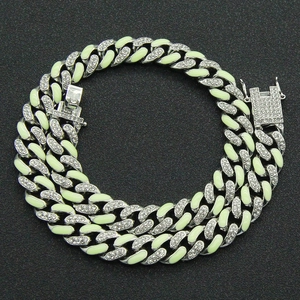 Silver iced out Cuban chain with luminous green enamel detail for men hip hop style