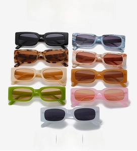 Retro square frame sunglasses collection in nine colors featuring thick acetate frames