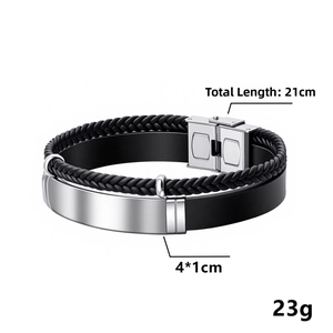 Detail view of 21cm braided leather bracelet with 4x1cm stainless steel plate