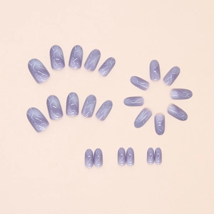 Short oval lavender press-on nails with white marble texture and glossy finish 24pcs