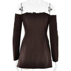 Detailed back view of a black off-shoulder mini dress with long sleeves and hidden zipper